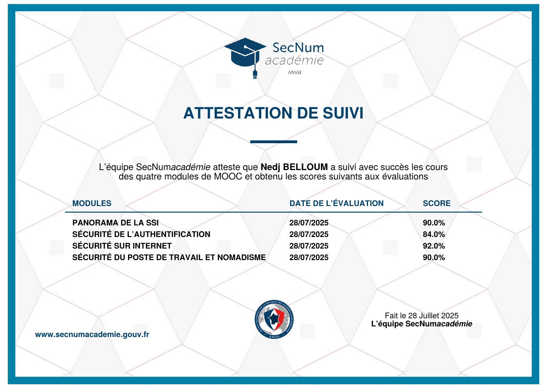 Attestation SecNumacad&eacute;mie ANSSI
