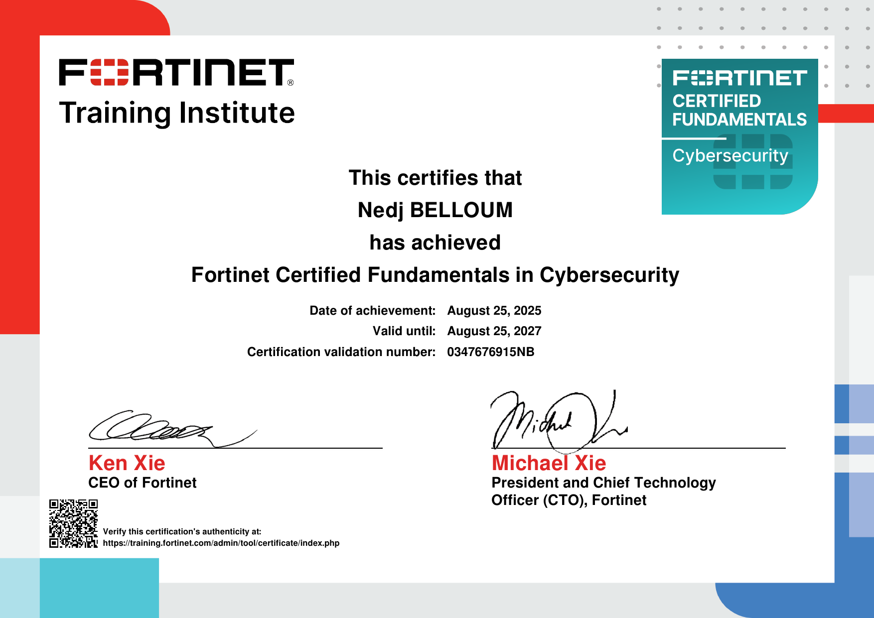 Certificat Fortinet Certified Fundamentals in Cybersecurity, page 1